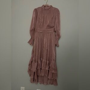 Dusty Rose Long-Sleeve Pleated Tiered Dress